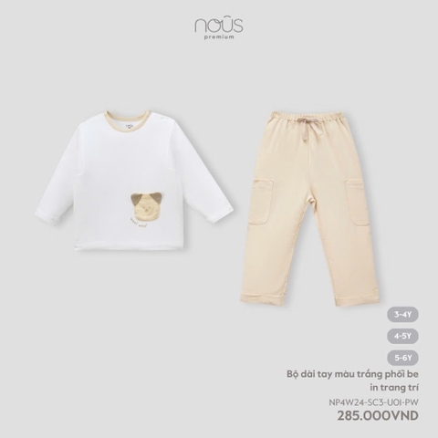 (3Y-5Y) NOUS - Bộ dài tay màu trắng phối be in trang trí - 3-4Y