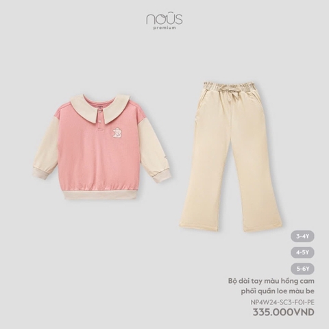 (3Y-5Y) NOUS - Bộ dài tay màu hồng cam phối quần loe màu be 5Y - 5-6Y