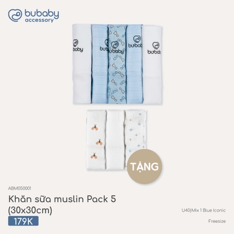 (FS) BU - Khăn sữa muslin Pack 5 (30x30cm) - Mix 1 blue Iconic