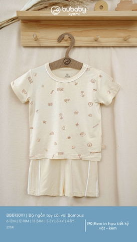 (6M-4Y) BU - Bộ ngắn tay cài vai Bambus - Kem in họa tiết kỷ vật