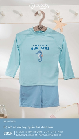 (6M-4Y) BU - Bộ bơi Áo dài tay, quần đùi khóa sau BSM171300 - Xanh ngọc 66- Xanh dương đậm 16