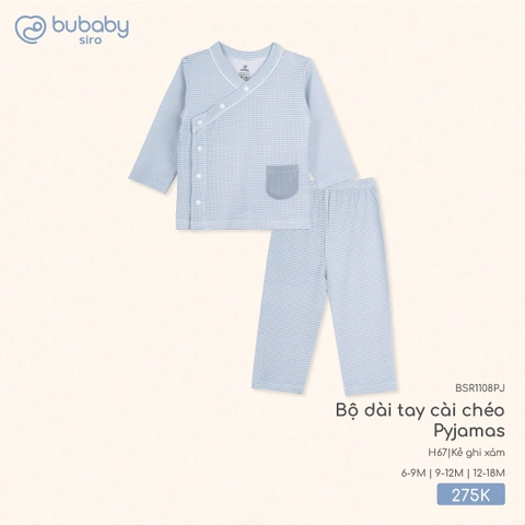 (6M-12M) BU - Bộ dài tay cài chéo Pyjamas BSR1108PJ - Kẻ ghi xám