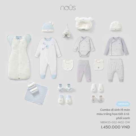(Newborn) NOUS - Combo đi sinh 19 món màu trắng họa tiết ô tô phối xanh - Newborn