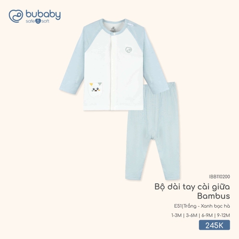 (1M-9M) BuBaby - Bộ dài tay cài giữa Bambus - Trắng + xanh bạc hà