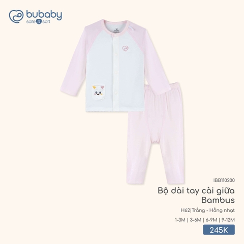 (1M-9M) BU - Bộ dài tay cài giữa Bambus - Trắng + Hồng nhạt