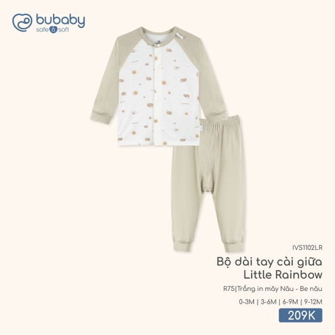 (0M-9M) BU - Bộ dài tay cài giữa Little Rainbow - Trắng in mây nâu + be nâu
