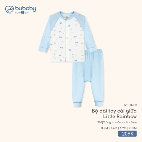 (0M-9M) BuBaby - Bộ dài tay cài giữa Little Rainbow - Trắng in mây xanh + Blue