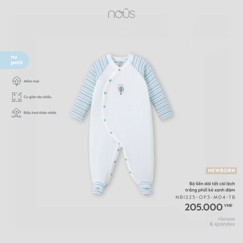 (Newborn) NOUS - Bộ liền dài tất cài lệch trắng phối kẻ xanh đậm - Newborn