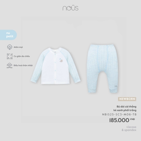 NOUS - Bộ dài cài thẳng kẻ xanh phối trắng - Newborn