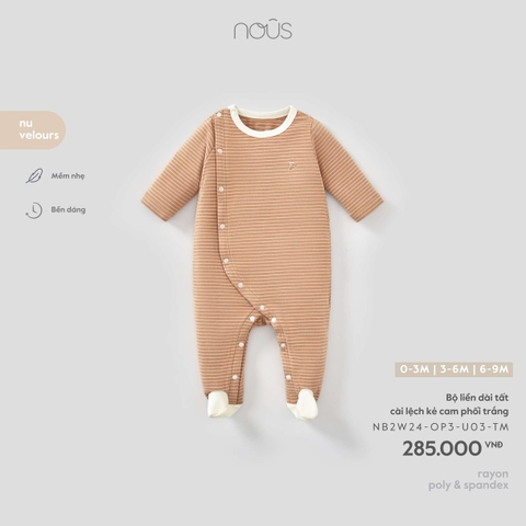 (0M-9M) NOUS - Bộ liền dài tất cài lệch kẻ cam phối trắng - 6-9M