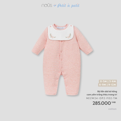 (0M-9M) NOUS - Bộ liền dài kẻ hồng cam yếm trắng thêu trang trí - 9-12M
