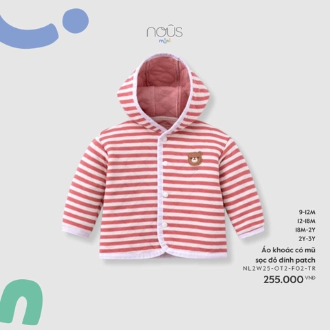(6M-2Y) NOUS - Áo khoác có mũ sọc đỏ đính patch - 2-3Y
