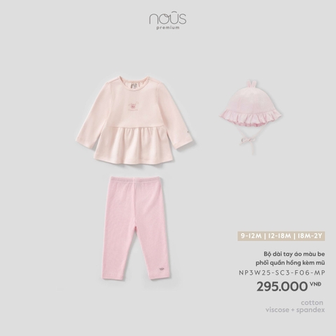 (6M-2Y) Bộ dài tay áo màu be phối quần hồng kèm mũ 18M - 18-24M -