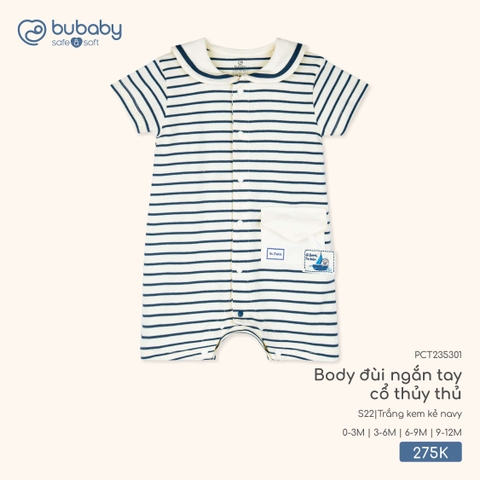 (0M-9M) BuBaby - Body đùi ngắn tay cổ thủy thủ - Trắng kem kẻ navy
