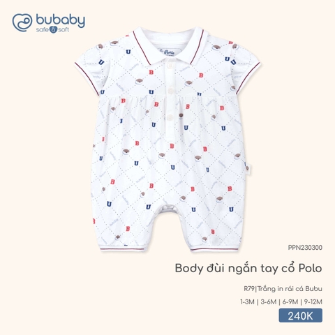 (1M-9M) BU - Body đùi ngắn tay cổ Polo - Trắng in rái cá Bubu