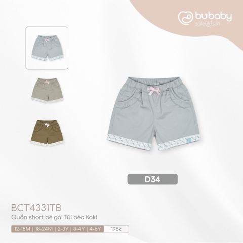 (12M-4Y) BU - Quần short bé gái Túi bèo Kaki BCT4331TB - ghi nhạt