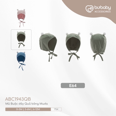 (0M-6M) BU - Mũ Buộc dây Quả bông Muda ABC1943QB - Xanh Olive