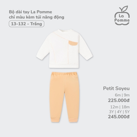 (6M-4Y) LP - Bộ dài tay La Pomme chỉ màu kèm túi năng động - Trắng