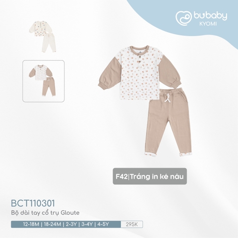 (12M-4Y) BU - Bộ dài tay cổ trụ Gloute BCT110301 - Trắng in ké nâu