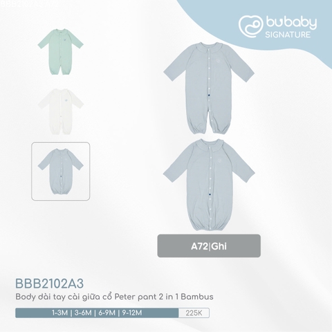 (1M-9M) BU - Body dài tay cài giữa cổ Peter pant 2 in 1 Bambus BBB2102A3 - Ghi