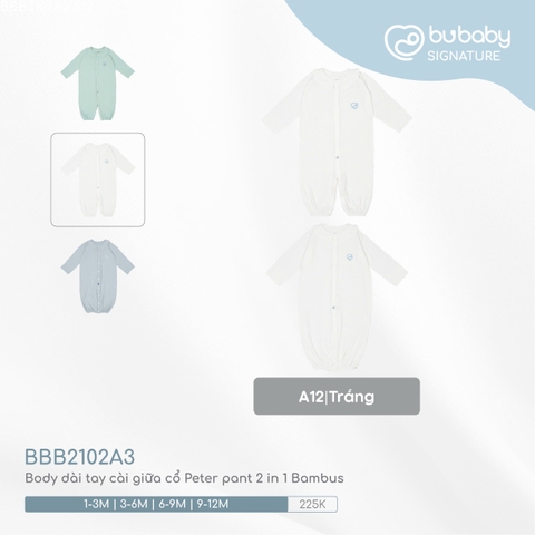(1M-9M) BU - Body dài tay cài giữa cổ Peter pant 2 in 1 Bambus BBB2102A3 - Trắng