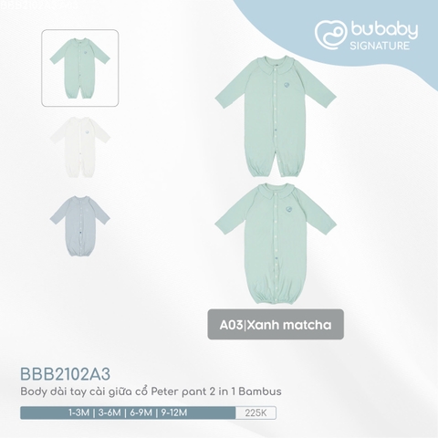 (1M-9M) BU - Body dài tay cài giữa cổ Peter pant 2 in 1 Bambus BBB2102A3 - Xanh matcha