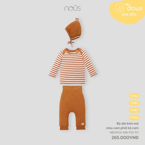 (0M-9M) NOUS - Bộ dài kèm mũ màu cam phối kẻ cam - 6-9M