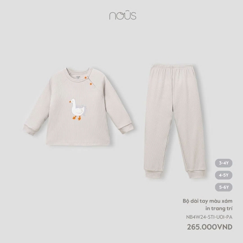 (3Y-5Y) NOUS - Bộ dài tay màu xám in trang trí - 3-4Y