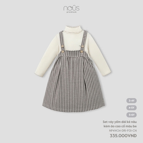 (3Y-5Y) NOUS - Set váy yếm dài kẻ nâu kèm áo cao cổ màu be - 4-5Y
