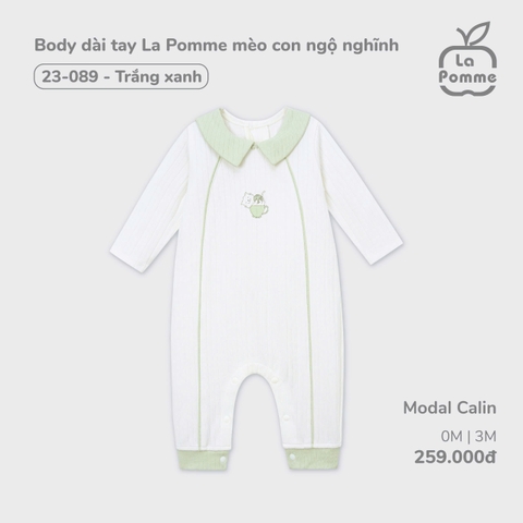 (0M-3M) LP S40 - Body dài tay La Pomme mèo con ngộ nghĩnh - Trắng xanh