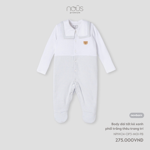 (Newborn) NOUS S30 - Body dài có tất kẻ xanh phối trắng thêu trang trí NB - Newborn