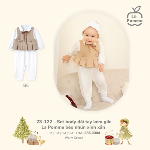 (0M-12M) LP - Set body dài tay kèm gile La Pomme bèo nhún xinh xắn - Be