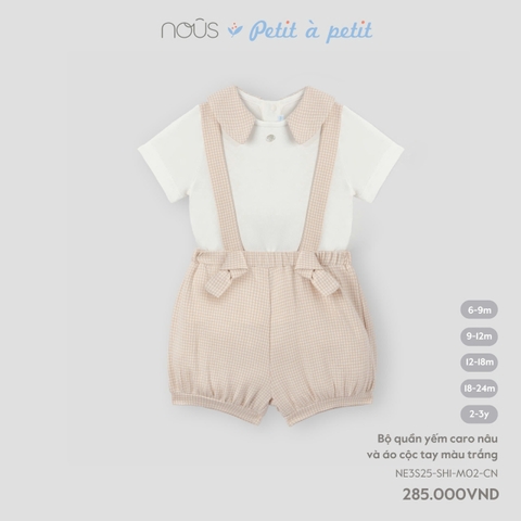 (6M-2Y) NOUS - Bộ quần yếm caro nâu và áo cộc tay màu trắng - Nu Doux