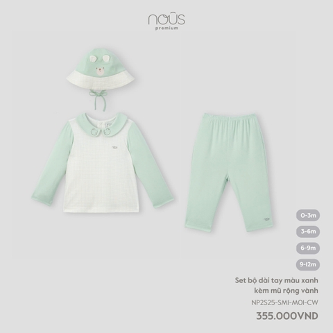 (0M-9M) NOUS - Set bộ dài tay màu xanh kèm mũ rộng vành - - 3-6M