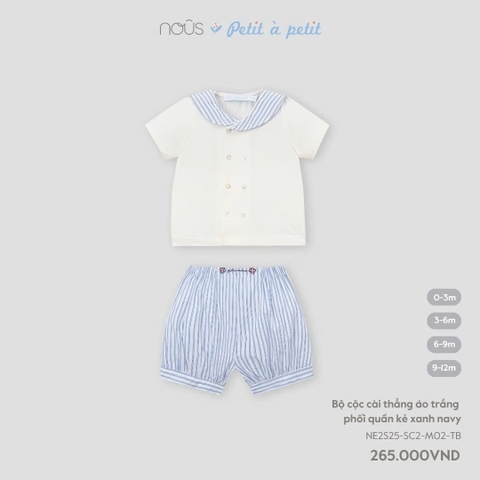 (0M-9M) NOUS - Bộ cộc cài thẳng áo trắng phối quần kẻ xanh navy - 9-12M