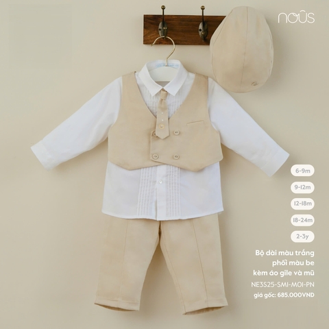 (6M-2Y) NOUS S25 NP25 - Bộ dài màu trắng phối màu be kèm áo gile và mũ - - 12-18M