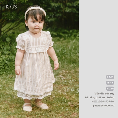 (9M-18M) NOUS Z40 - Váy dài cộc tay kẻ hồng phối ren trắng - 12-18M