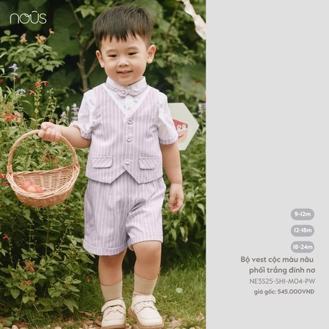 (9M-18M) NOUS S25 NP25 - Bộ vest cộc màu nâu phối trắng đính nơ - - 12-18M