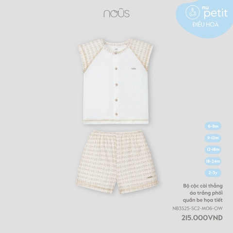 (6M-2Y) NOUS S10 - Bộ cộc cài thẳng áo trắng phối quần be họa tiết - 6-9M