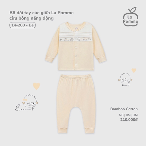 (NB-3M) LP S40 - Bộ dài tay cúc giữa La Pomme cừu bông năng động - Be