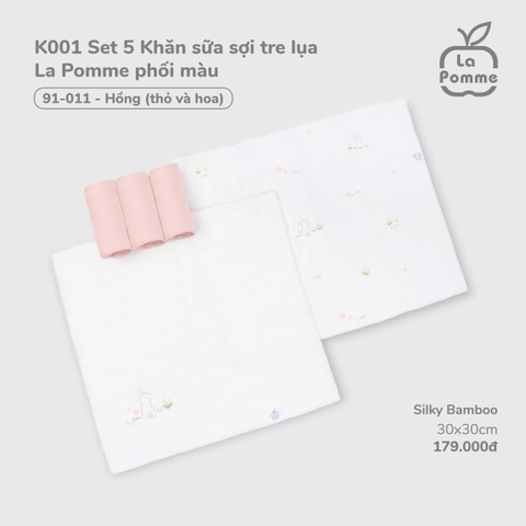 (FS) LP - K001 Set 5 Khăn sữa sợi tre lụa La Pomme phối màu (30x30cm) - Hồng (thỏ và hoa)