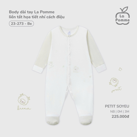 (NB-3M) LP - Body dài tay La Pomme liền tất họa tiết nhí cách điệu - Be