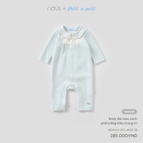 (Newborn) NOUS - Body dài màu xanh phối trắng thêu trang trí - Newborn