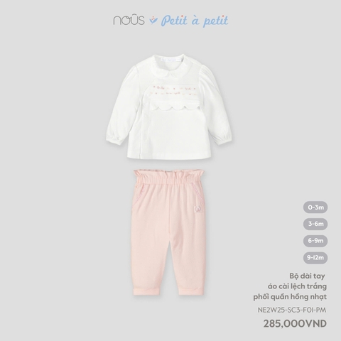 (0M-9M) NOUS - Bộ dài tay áo cài lệch trắng phối quần hồng nhạt - - 6-9M