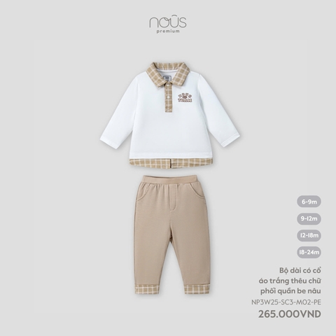 (9M-2Y) NOUS - Bộ dài có cổ áo trắng thêu chữ phối quần be nâu - 12-18M