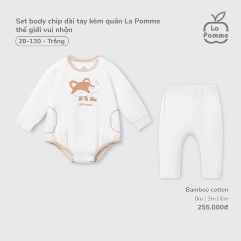 (0M-6M) LP S40 - Set body chip dài tay kèm quần La Pomme thế giới vui nhộn - Trắng