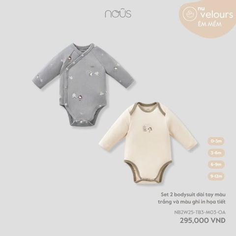 (0M-9M) NOUS S30 - Set 2 bodysuit dài tay màu trắng và màu ghi in họa tiết - 9-12M