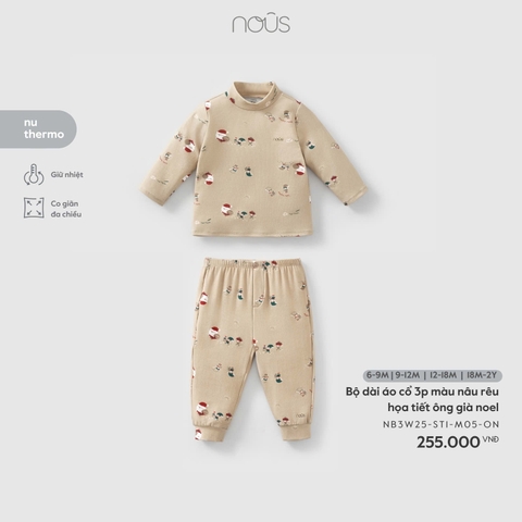 (6M-18M) NOUS - Bộ dài áo cổ 3p màu nâu rêu họa tiết ông già noel - 18-24M
