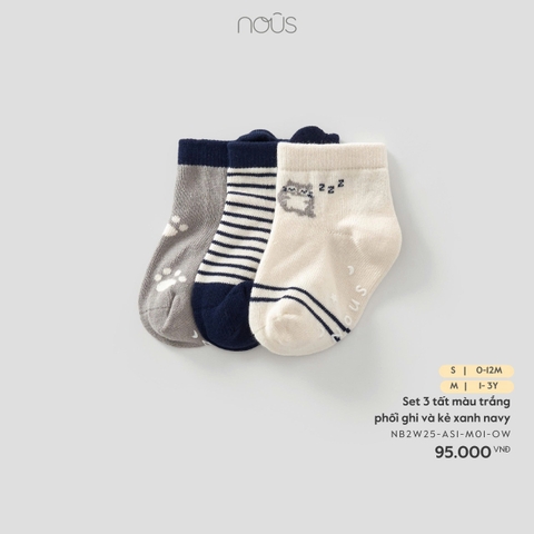 (SM) NOUS - Set 3 tất màu trắng phối ghi và kẻ xanh navy - SS25.T11A