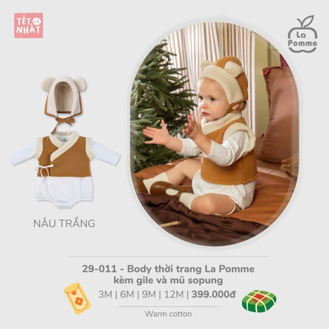 (3M-12M) LP - Body thời trang La Pomme kèm gile và mũ sopung - Trắng nâu